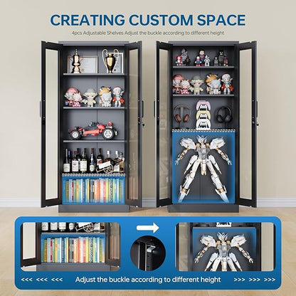 Display Storage Cabinet with Glass Door, 67 Inches Metal Curio Cabinet with 4 Adjustable Shelves, Lockable Glass Display Case for Home, Office, Clinic, Pantry, Assemble Required (Black)