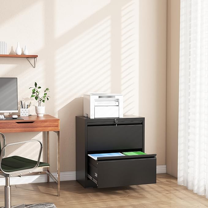File Cabinets with Lock, 2 Drawer Locking Filing Cabinets for Home Office, Black Metal Heavy Duty Lateral Filie Cabinet for Hanging Letter/Legal/F4/A4 Size Files, Assembly Required