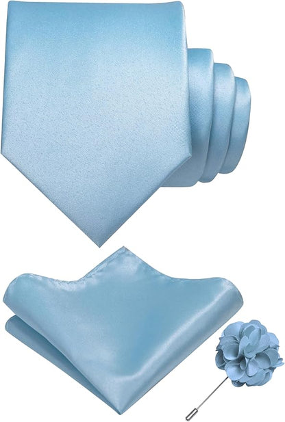 RBOCOTT Solid Color Tie and Pocket Square Hankerchief with Lapel Pin Set for Men