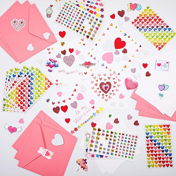Zonon 32 Pack Valentines Crafts Set, Valentines DIY Card Valentines's Day Kits for Kids Girls Boys Foam Heart Sticker Craft DIY Kits Sticker Envelopes Cards Set for Classroom Exchange Gifts (Pink)