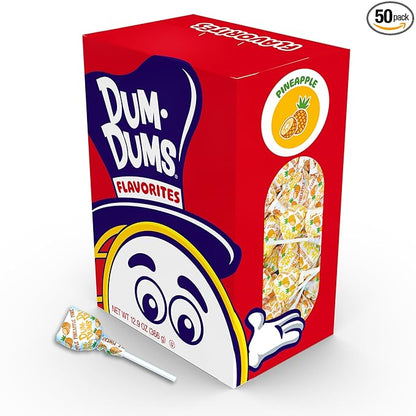 Dum Dums Pineapple Lollipops - Bulk Candy Box with Lollipops Individually Wrapped, Single Flavor Gourmet Suckers - 50 Count