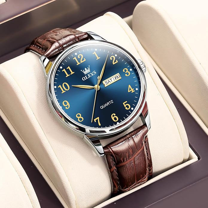 Men's Casual Leather Watch, Easy to Read Three-Hand Analog Stainless Steel Watches for Men, Minimalist Day Date Waterproof Luminous Mens Quartz Wristwatch