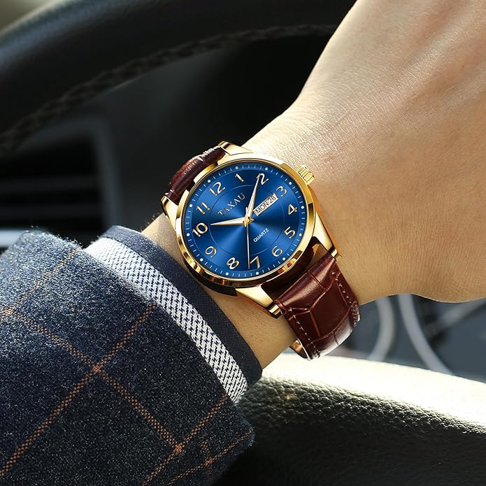 Men's Watch Big Face Easy Read Arabic Numeral Dress Watches for Men Classic Black Brown Leather Band Analog Mens Wrist Watch with Day and Date Fashion Business Waterproof Luminous Quartz Watch