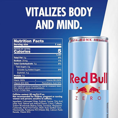 Red Bull Zero Energy Drink, 8.4 fl. oz., with 80mg Caffeine, Taurine & B Vitamins, 6 Packs of 4 Cans, Pack of 24