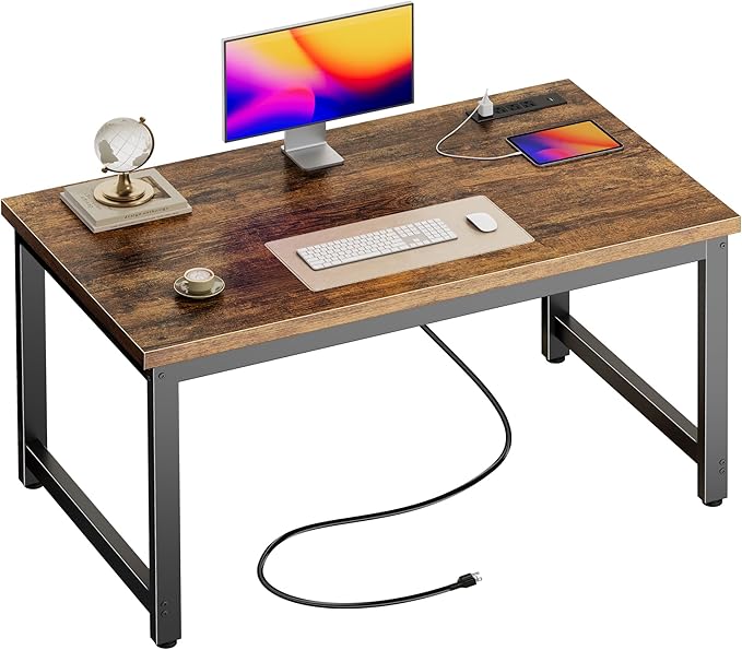 Huuger 48 x 24 inch Desk with Power Outlets & USB-C, Deeper & Thicker Desktop, Robust Metal Tubes, Computer Desk, Heavy Duty Office Desk, Work Gaming Desk for Home Office, Rustic Brown