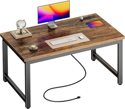Huuger 48 x 24 inch Desk with Power Outlets & USB-C, Deeper & Thicker Desktop, Robust Metal Tubes, Computer Desk, Heavy Duty Office Desk, Work Gaming Desk for Home Office, Rustic Brown
