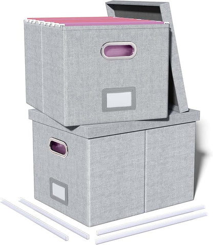 Oterri 2 Pack File Storage Organizer, Filing Box, Portable File Box with Lid, Fit for Letter/Legal File Folder Storage, Document Organizer, Gray-White