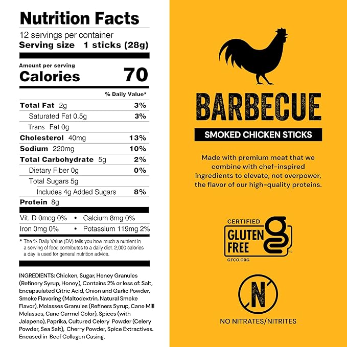 Chef’s Cut Real Chicken Snack Sticks | High Protein Meat Snack Sticks with 8g Protein & 70 Calories, Gluten Free, Keto-Friendly | Barbecue Flavor | 1 oz Stick (12-Count Bag), Individually Wrapped