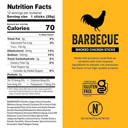 Chef’s Cut Real Chicken Snack Sticks | High Protein Meat Snack Sticks with 8g Protein & 70 Calories, Gluten Free, Keto-Friendly | Barbecue Flavor | 1 oz Stick (12-Count Bag), Individually Wrapped