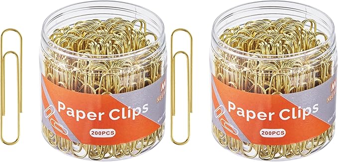 NEEWAY Gold Paper Clips, 200 Count Large Size, 2 Inch Jumbo Paperclips, Stylish Gold-Plated Paper Clip (Pack of 2)