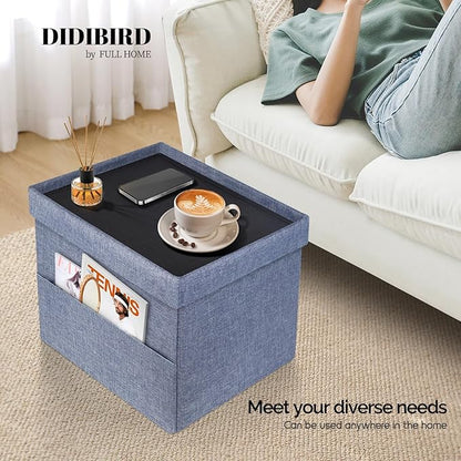 Storage Ottoman,Folding Ottomans with Storage,Linen Ottoman Foot Rest with Pocket,Foot Stool with Thicker Foam Padded for Living Room,Bedroom,Office,Dorm,287 lb Load Capacity,17x13x13in,Blue