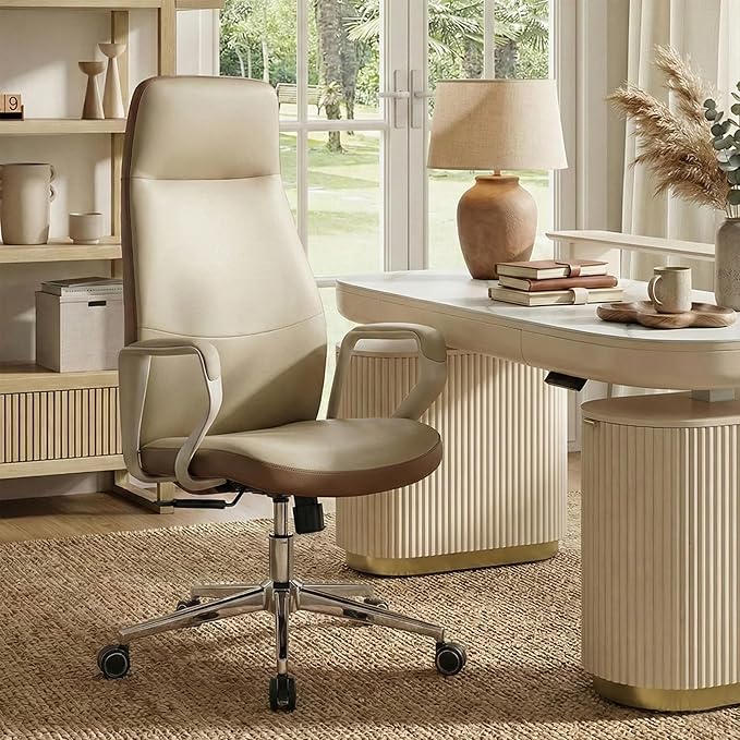 EUREKA ERGONOMIC Clara Executive Office Chair, Modern Leather Desk Chair with Back Support, Aesthetic Home Office Chair with 3-Position Recline Lock(Pack of 5, Beige-Brown)