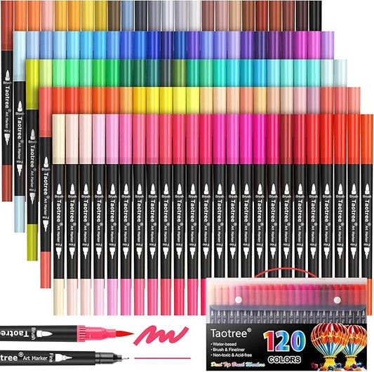 Taotree 120 Colors Dual Tip Art Markers Pens for Kids Adult Coloring Book, Artist Fine & Brush Tip Coloring Markers Drawing Pens Craft Art Supplies for Journaling Note Taking Lettering Calligraphy