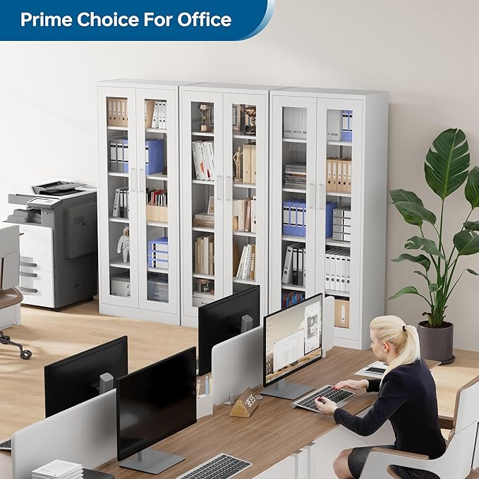 Display Storage Cabinet with Glass Door, 67 Inches Metal Curio Cabinet with 4 Adjustable Shelves, HD&Tempered Glass Display Case for Home, Office, Clinic, Pantry, Assemble Required (White)