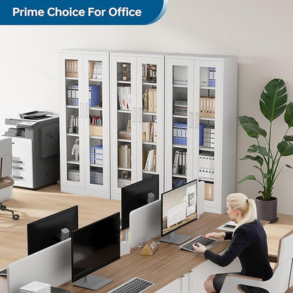 Display Storage Cabinet with Glass Door, 67 Inches Metal Curio Cabinet with 4 Adjustable Shelves, HD&Tempered Glass Display Case for Home, Office, Clinic, Pantry, Assemble Required (White)