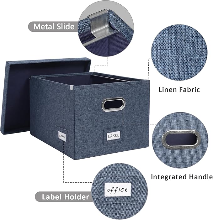 File Organizer Collapsible Storage Box for Office File Box with Lids Document Organizer for Office and Home Easy Slide Durable Hanging File Box (Navy Blue)