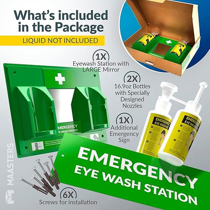 BPA Free Portable Eye Wash Station OSHA Compliant - Wall-Mounted First Aid Eye Wash Kit w/Mirror & 2X 16oz Empty Bottles - No Eyewash Solution Included - Emergency Eyewash - Set of 1