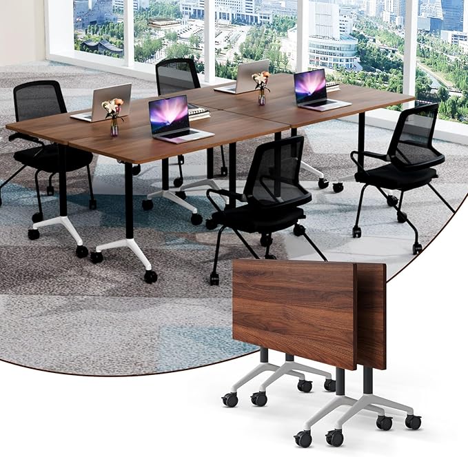 Folding Conference Table,Conference Table with Wheels,Large Flip-Top Training Table,Freely Combinations,Easy to Move for Offices, Schools,Training Rooms（2,Walnut,47in