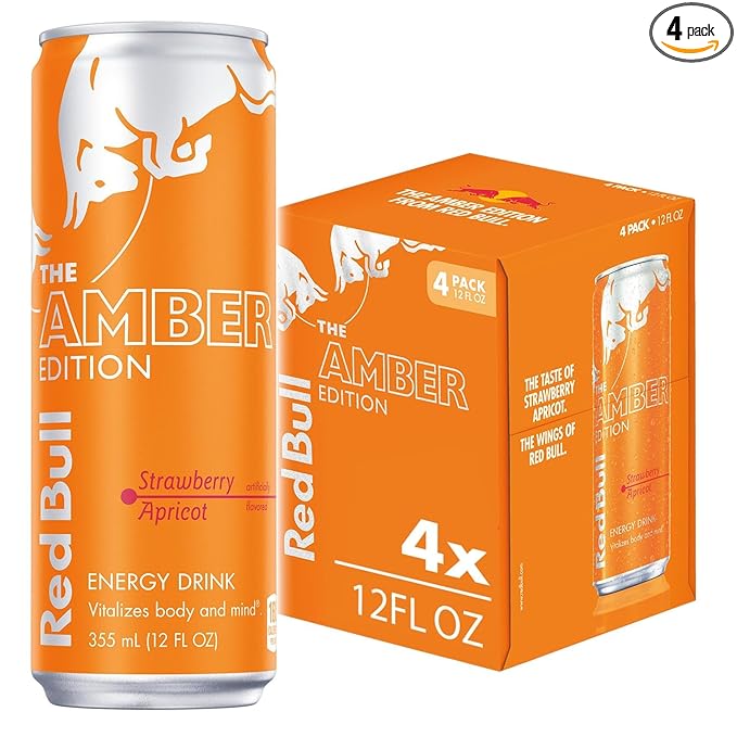 Red Bull Amber Edition Energy Drink, Strawberry Apricot, with 114mg Caffeine plus Taurine & B Vitamins, 12 fl oz, Pack of 4 Cans