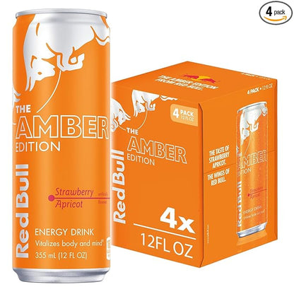Red Bull Amber Edition Energy Drink, Strawberry Apricot, with 114mg Caffeine plus Taurine & B Vitamins, 12 fl oz, Pack of 4 Cans