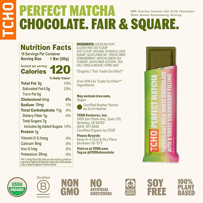 TCHO Singles Variety Pack - Plant Based, Organic Chocolate Singles - Vegan, Gluten-Free, Soy-Free - Handcrafted Pure Cacao Bars - Chocolate Bars - 18 Count - Holy Fudge, Toffee Time, Dark & Salty, Perfect Matcha (Pack of 4)