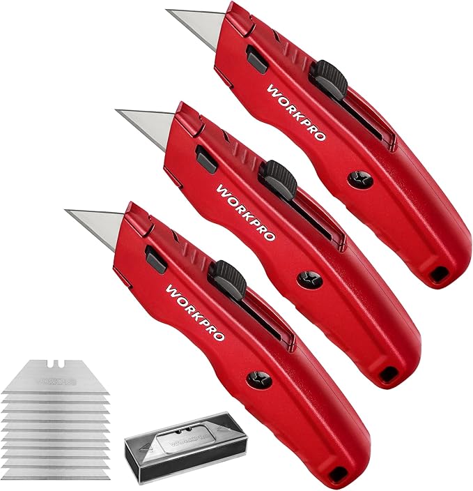 WORKPRO Premium Utility Knife, Retractable All Metal Heavy Duty Box Cutter, Quick Change Blade Razor Knife, 3PCS with 10 Extra Blades
