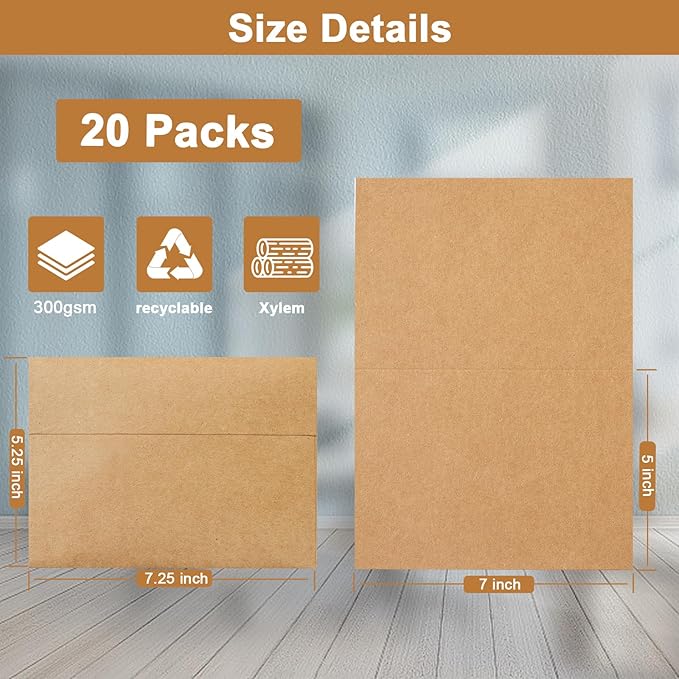 Brown Blank Note Cards and Envelopes 5 x 7 Heavyweight Folded Cardstock and Printable A7 Envelopes Self Seal 20 Packs for Wedding Invitations, Birthday, Graduations, Thank You Cards