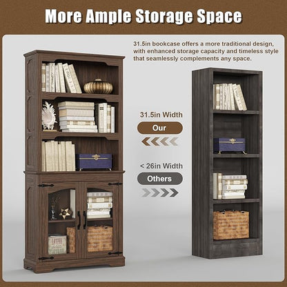 Tall Bookcase, 70 inch Height, 5-Tier Open Storage Shelf, 31.5 in Wide Standing Bookshelves for Home, Office, Bedroom, School, Library, 31.5W * 11.81D *70H (Walnut, Glass Door)