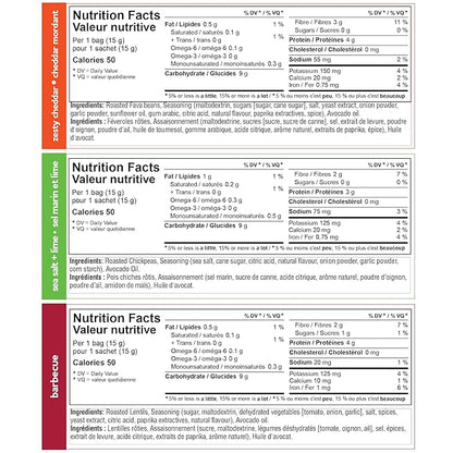 Three Farmers Healthy Variety Snack Packs - Roasted, Never Fried - Protein Rich Zesty Fava, Tangy Chickpeas, BBQ Lentils x 30 Pack - Gluten-Free, Low Calorie, High Fiber, Non-GMO