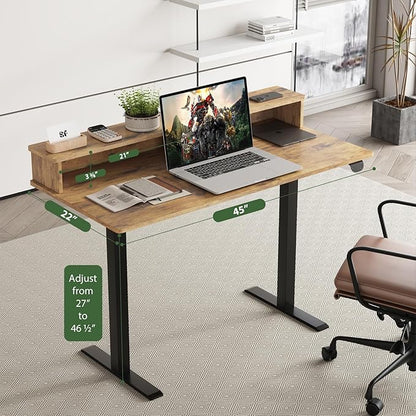 2-Tier Height Adjustable 45" Electric Standing Desk - Upgraded Ultra Durable Home Office Large Rectangular Computer Table or Laptop Sit Stand Workstation - Rustic Brown