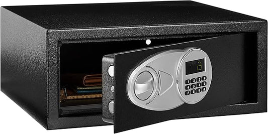 Amazon Basics Steel Security Safe and Lock Box with Programmable Electronic Keypad, Secure for Cash, Jewelry, Documents, Black, 0.7 Cubic Feet, 16.9-x-14.6-x-7.1-inches (WxDxH)