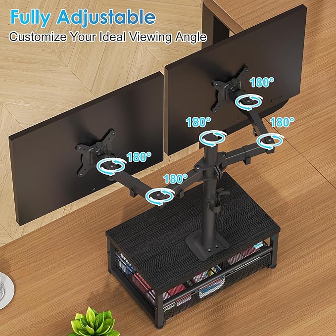 Dual Monitor Stand with Desk Organizer, Heavy Duty VESA Dual Monitor Arm Mount for 13″-27″ Computer Screens, Free-Standing Monitor Arms for 2 Monitors, Adjustable Height Angle, Loads 20Lbs/Arm, Black