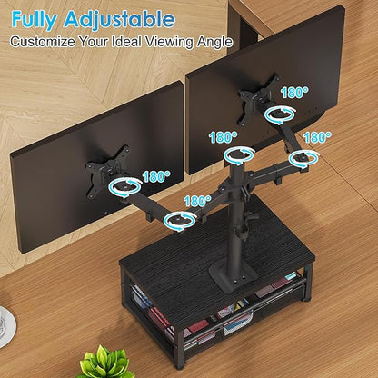 Dual Monitor Stand with Desk Organizer, Heavy Duty VESA Dual Monitor Arm Mount for 13″-27″ Computer Screens, Free-Standing Monitor Arms for 2 Monitors, Adjustable Height Angle, Loads 20Lbs/Arm, Black