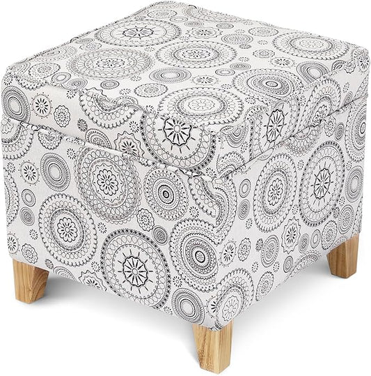 Adeco 17" Square Ottoman with Storage, Small Mandala-Persian Flower Pattern Storage Ottoman Foot Rest with Hinged Lid & Solid Wood Legs, Linen Fabric Foot Stool for Living Room & Bedroom