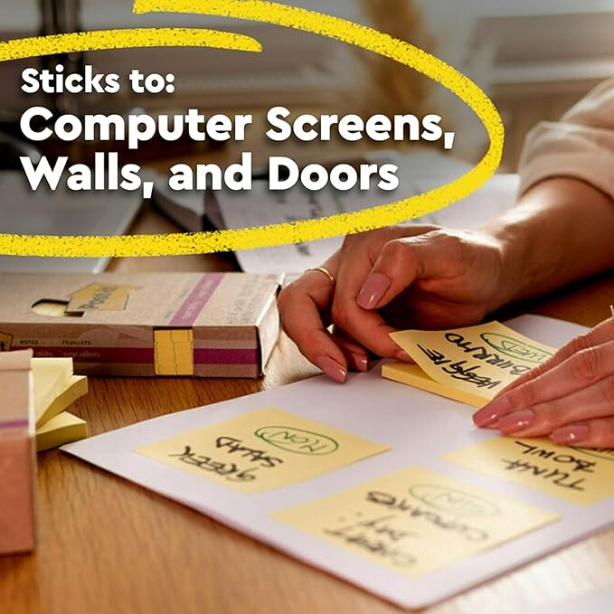 Post-it 100% Recycled Paper Super Sticky Notes, 2X The Sticking Power, 3x3 in, 24 Pads/Pack, 70 Sheets/pad, Canary Yellow (654R-24SSCY-CP)