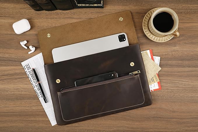 Genuine Leather Sleeve for 13/14/15-in MacBook Pro & MacBook Air, Slim Protective Laptop Case, Folio Document Organizer Leather Folder Portfolio-Dark Kahki