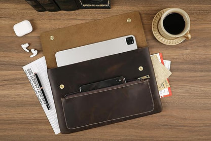 Genuine Leather Sleeve for 13/14/15-in MacBook Pro & MacBook Air, Slim Protective Laptop Case, Folio Document Organizer Leather Folder Portfolio-Dark Kahki