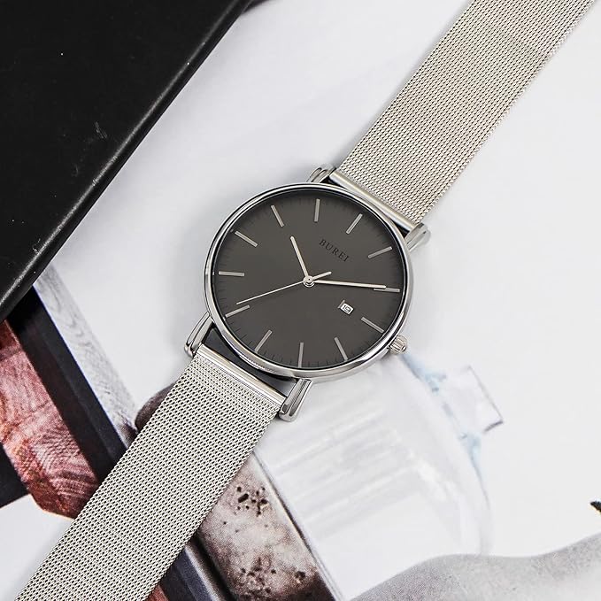 BUREI Men Watches Brown Leather Fashion Minimalist Wrist Watch Simple Ultra Thin Waterproof Quartz Watches All Black Stainless Steel Mesh Band,Gift for Men Women