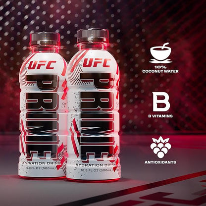 PRIME Hydration UFC, Sports Drinks, Electrolyte Enhanced for Ultimate Hydration, 250mg BCAAs, B Vitamins, Antioxidants, Low Sugar, 16.9 Fl Oz, 12 Pack