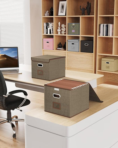 Oterri 2 Pack File Organizer Box,File Box,Small File Cabinet for Letter Folders,Light Brown Portable Filing Box,Hanging File Folder Organizer with Lid for Office/Decor/Home- without Folders