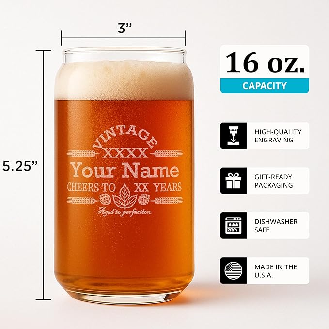 On The Rox Customized Beer Can Glass-Personalized-Birthday Beer Glass-Engraved-Vintage-Cheers-Aged To PERFECTION-Birthday Gift-Etched Beer Glass-Barware (1)