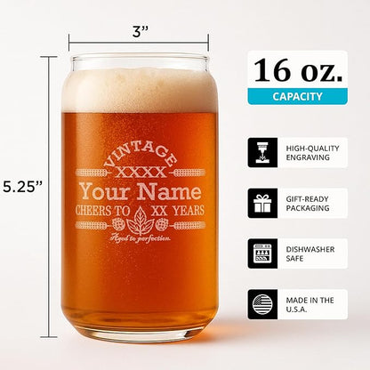On The Rox Customized Beer Can Glass-Personalized-Birthday Beer Glass-Engraved-Vintage-Cheers-Aged To PERFECTION-Birthday Gift-Etched Beer Glass-Barware (1)