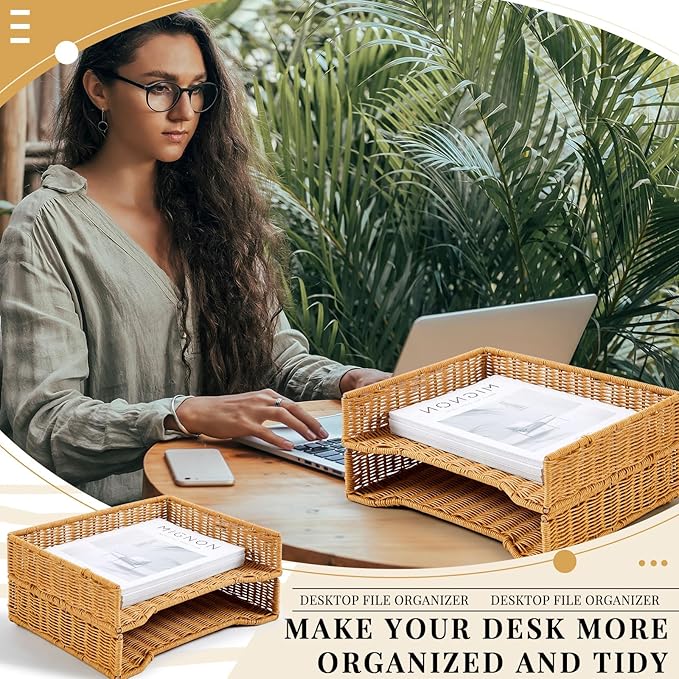 Yeaqee 2 Pcs Paper Tray Organizer for Desk Woven Letter File Organizer A4 File Tray Desk Paper Basket Letter Size Imitation Rattan Holder Organization Rack for Office Storage(Brown,Wheat Ear Pattern)