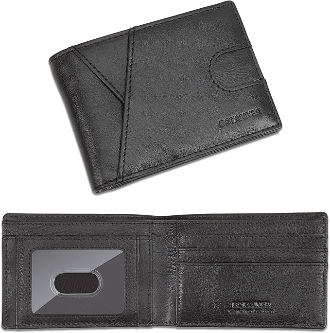 Genuine Leather Mens Bifold Wallet RFID Blocking 7 Credit Card Slots 1 ID Window 1 Section for Bills 2 Additional Slots | Jet black