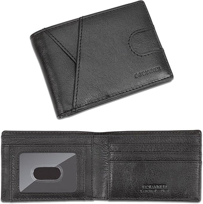 Genuine Leather Mens Bifold Wallet RFID Blocking 7 Credit Card Slots 1 ID Window 1 Section for Bills 2 Additional Slots | Jet black
