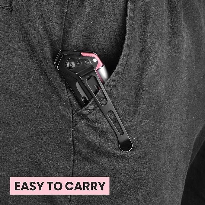 Pink Box Cutter Knife, Folding Utility Knife, 6 in 1 Razor Pocket Utility Knives Multitool with Clip, 5 Razor Blades, Screwdriver, Saw, Safe Lock, Work Knives, EDC Gadgets Gifts for Men Women
