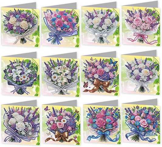 jinglinhh 12pcs Lavender Rose Lily Bouquet Diamond Art Painting Greeting Cards with Envelopes, DIY Card Making Kits for Adults, Diamond Art Christmas Cards for Birthday Holiday Postcards Craft Gifts