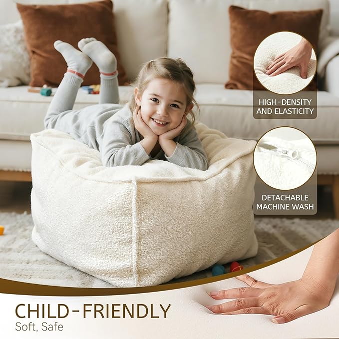 Square Boucle Pouf Ottoman Footrest – Soft & Lightweight Footstool with Foam Filling for Living Room & Bedroom, Laid-Back Lounge Style