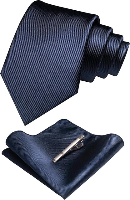 JEMYGINS Solid Color Formal Necktie and Pocket Square Tie Clip Sets for Men