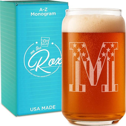 Monogram Beer Glasses for Men (A-Z) 16 oz - Beer Gifts for Men Brother Son Dad Neighbor - Unique Gifts for Him - Personalized Drinking Gift Beer Glass Mugs - Engraved Beer Can Glass (M)
